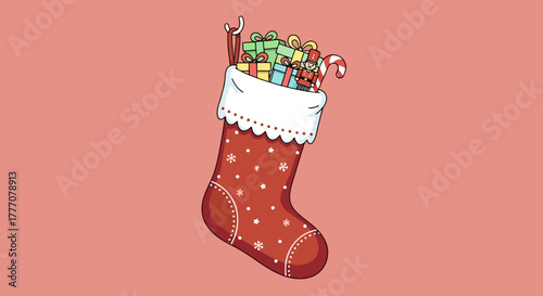 Festive Christmas Stocking Filled With Gifts Candy Canes and Holiday Surprises on a Warm Pink Background