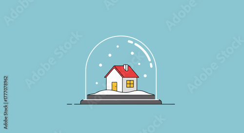 Cozy Winter Scene Small House Encased in a Snow Globe with Falling Snow Concept for Holidays Real Estate and Serenity