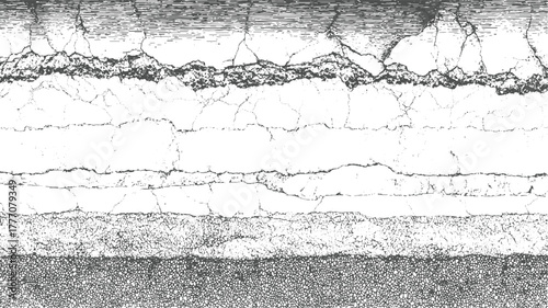 Cracked asphalt texture with horizontal lines and granular layers surface road