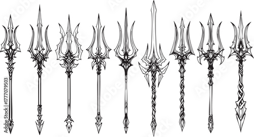 Illustration of silhouette of a female warrior in various poses with sword and bow, vector illustration, icon set