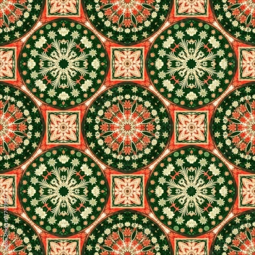 Intricate floral kaleidoscope pattern with a rich color scheme, featuring a symmetrical arrangement of flowers and ornaments, creating an elegant design