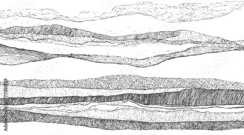 Abstract layered landscape drawing with textured strata and wavy lines background pattern