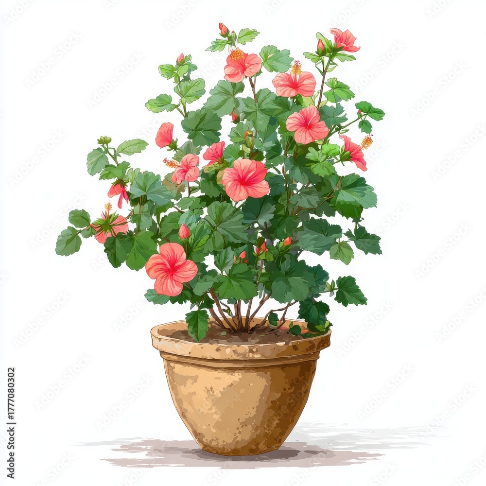 Naklejka premium Pink Hibiscus in Terracotta Pot Against White Background