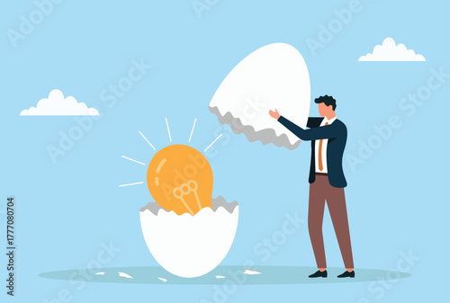 Vector illustration of a businessman opening an eggshell to reveal a glowing light bulb, symbolizing creativity, innovation, new ideas, discovery, and the birth of fresh opportunities