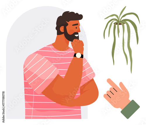 Man wearing a striped shirt, thinking with hand on chin, surrounded by a pointing hand and hanging plant. Ideal for decision-making, contemplation, growth, reflection, mindfulness, problem-solving