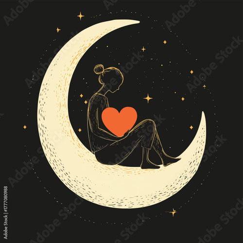 An illustration of a person sitting on a crescent moon holding their own heart, symbolizing solitude and self-compassion   , vector style simple color