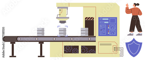 Automated conveyor system with robotic arms assembling products, overseen by a worker. Ideal for manufacturing, technology, innovation, automation, industry, workflow quality control. Simple flat