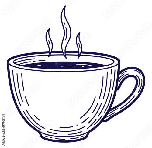 Hand drawn illustration of a steaming cup of coffee or tea with simple line art details