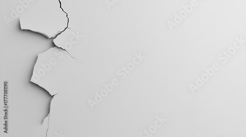 A stark depiction of fractured surface with jagged lines dissecting a plain, neutral backdrop. It illustrates themes of damage, imperfection, and the raw beauty found in structural decay.
