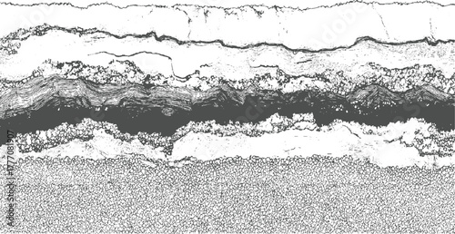 Abstract textured layers of dark gray and white with rough edges and granular bottom pattern