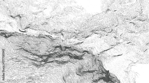 Topographic map contour lines showing mountain terrain and valleys in monochrome vector