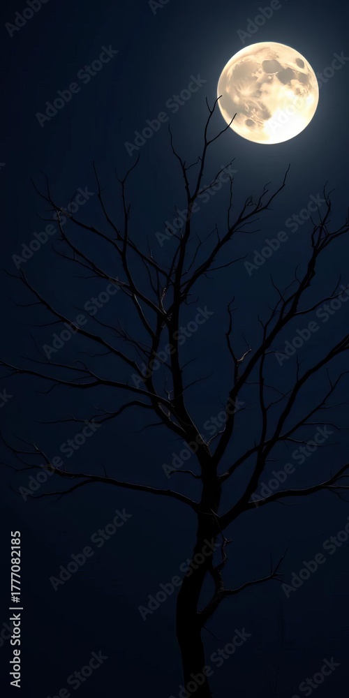Fototapeta premium Bare branches of a solitary tree stretch towards a moonlit night sky, tree, nocturnal
