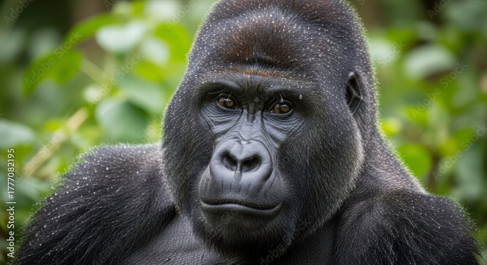Obraz premium Majestic Gorilla Portrait: A close-up portrait of a powerful gorilla, its intelligent eyes conveying a sense of calm and self-awareness amidst a backdrop of lush green foliage. 
