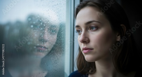 Melancholy Reflection: A woman gazes pensively out of a rain-streaked window, her face mirroring the somber mood of the day, conveying a sense of quiet introspection and emotional depth. Free Download Melancholy Reflection: A woman gazes pensively out of a rain-streaked window, her face mirroring the somber mood of the day, conveying a sense of quiet introspection and emotional depth. - GFXLoad
