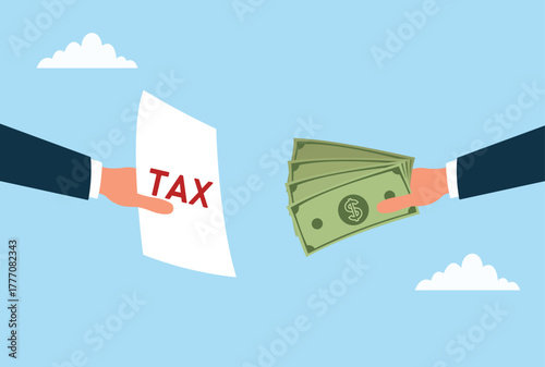 Vector illustration of one hand holding a tax document while another hand pays money, symbolizing tax payment, financial obligation, accounting, and fiscal responsibility