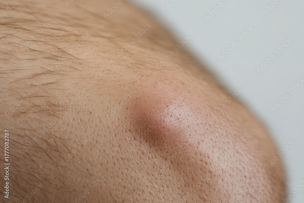 Fototapeta premium Close-up view of a reddish-pinkish bump on a human knee.