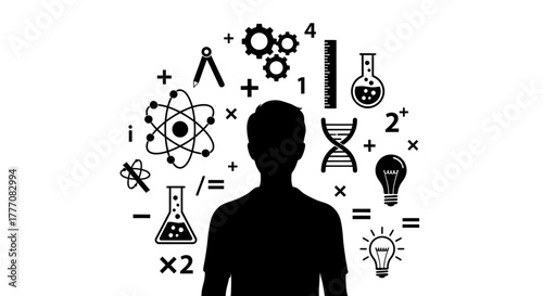 Human mind conceptualized with a silhouette surrounded by symbols of science, mathematics, and innovation, representing thought and learning