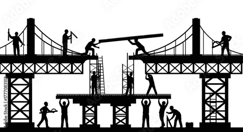 Silhouetted workers collaborating to construct a bridge, symbolizing teamwork and infrastructure development