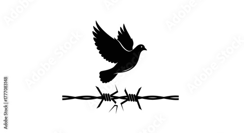 Symbol of peace, a dove soaring above barbed wire, representing freedom from oppression and conflict, illustrating hope and a brighter future