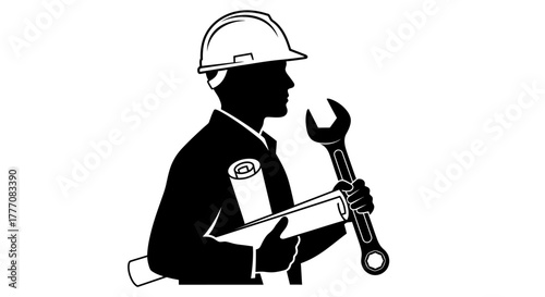 Silhouette of an Engineer Holding Blueprint and Wrench for Construction, Vector Illustration