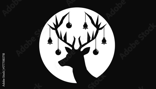 Christmas Deer Silhouette with Ornament Decorations in a Circular Composition for Holiday Greetings