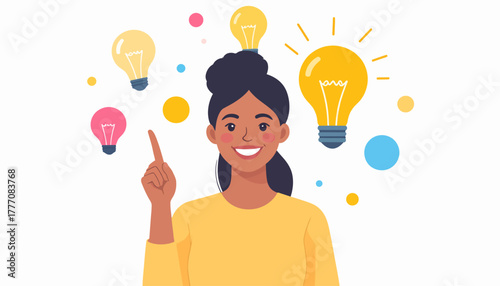 Woman with bright idea, surrounded by lightbulbs representing innovation and creativity