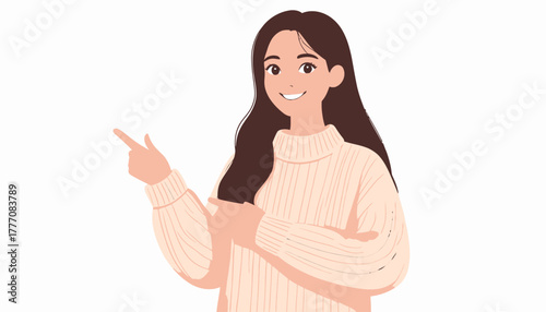 Friendly young woman in a cozy sweater, happily smiling and pointing to the side, perfect for highlighting promotional content or directing attention positively