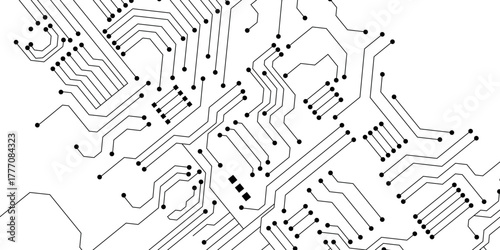Circuit technology background with hi-tech digital data connection system and computer electronic design. Black and white circuit board seamless background