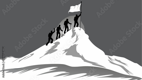 Team reaching mountain peak with flag, showing teamwork and success, symbolizing achieving goals, vector illustration of climbers on summit