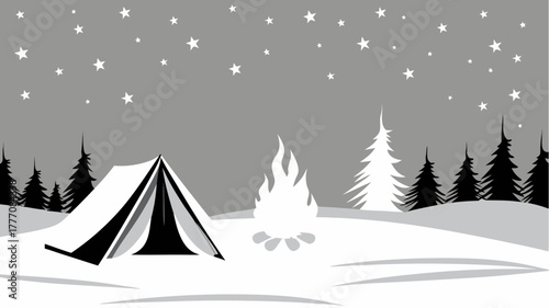Enchanting winter camping scene with a cozy tent, crackling campfire under a star-filled sky, perfect for adventure, holiday, or recreational concepts