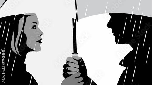 Romantic encounter on a rainy day, stylized graphic of a couple with umbrella, evoking connection, intimacy, and a touch of melancholy in a minimal design