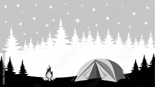 Enchanting camping scene under starry sky with cozy tent and campfire, perfect for outdoor adventure and nature getaway promotions, vector-style feel