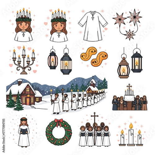 Collection of illustrations depicting Saint Lucia Day traditions, including candles, processions, and festive elements.