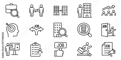 Collection of line icons representing various aspects of job searching and career development