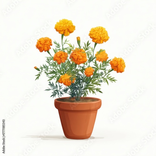 Potted Marigolds Vibrant Orange Blooms in Terracotta Pot