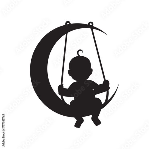 Baby silhouette swinging on a crescent moon