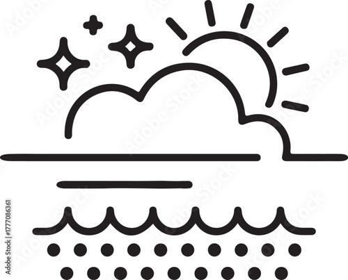 Sunny day over water with stars and clouds icon