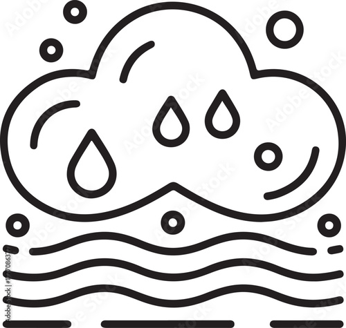 Stylized cloud raining drops over wavy water surface