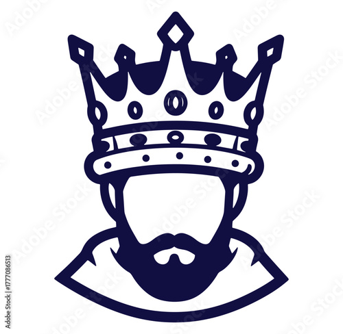 Royal king illustration featuring crown beard and facial hair in a clean dark blue design