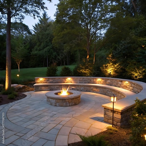 Beautifully lit outdoor patio with a stone fire pit and curved seating area