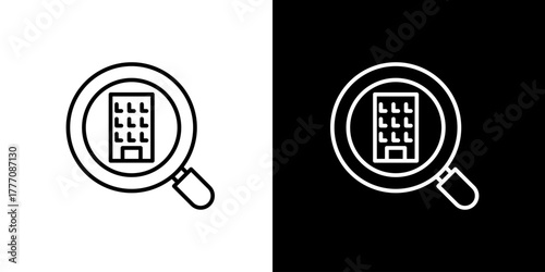 Building Search Icon Illustrative Line Art Symbol for Real Estate Property Discovery, Urban Development, and Location Finding Applications