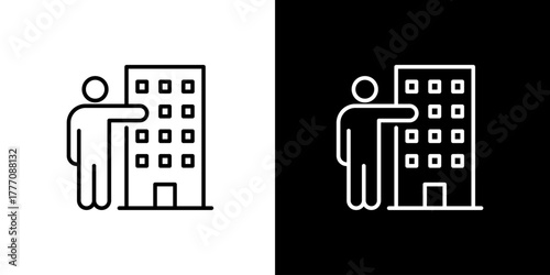 Line icon of a person presenting a company building. Vector illustration for real estate, corporate headquarters, or business establishment