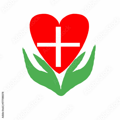 Red heart with a white cross in the center held by two green hands