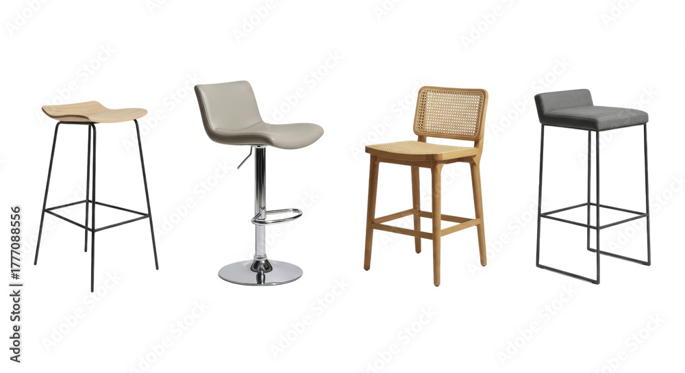 Fototapeta premium Diverse bar stools collection showcasing modern design elements for interior spaces