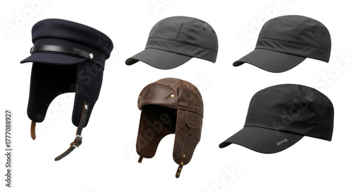Diverse collection of caps and winter hats in various styles and materials