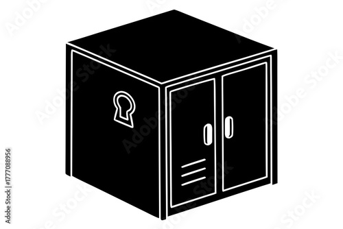 A simple black and white isometric silhouette illustration of a double doored locker with a keyhole on the side perfect for school or gym themes silhouette