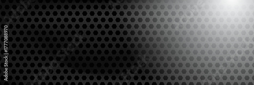 3D Black metal texture steel background. Perforated sheet metal. Realistic black metalic texture