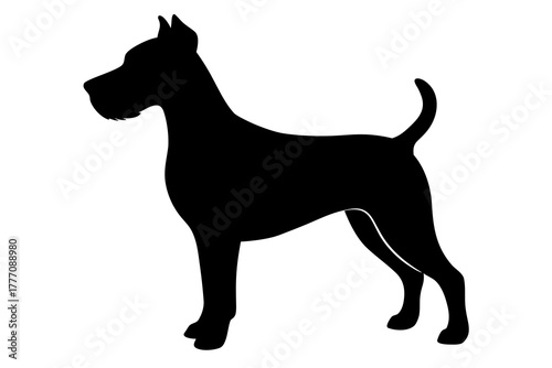 A majestic black silhouette of a great dane dog standing proudly with its tail held high against a clean white background showcasing its elegant form and iconic breed features silhouette