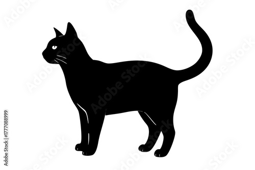 A sleek black cat stands alert in profile its form captured in a minimalist graphic silhouette against a pure white background showcasing its elegant posture and raised tail silhouette