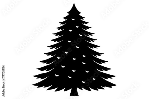 A classic evergreen conifer tree depicted as a bold black silhouette against a clean white background perfect for winter and holiday designs silhouette